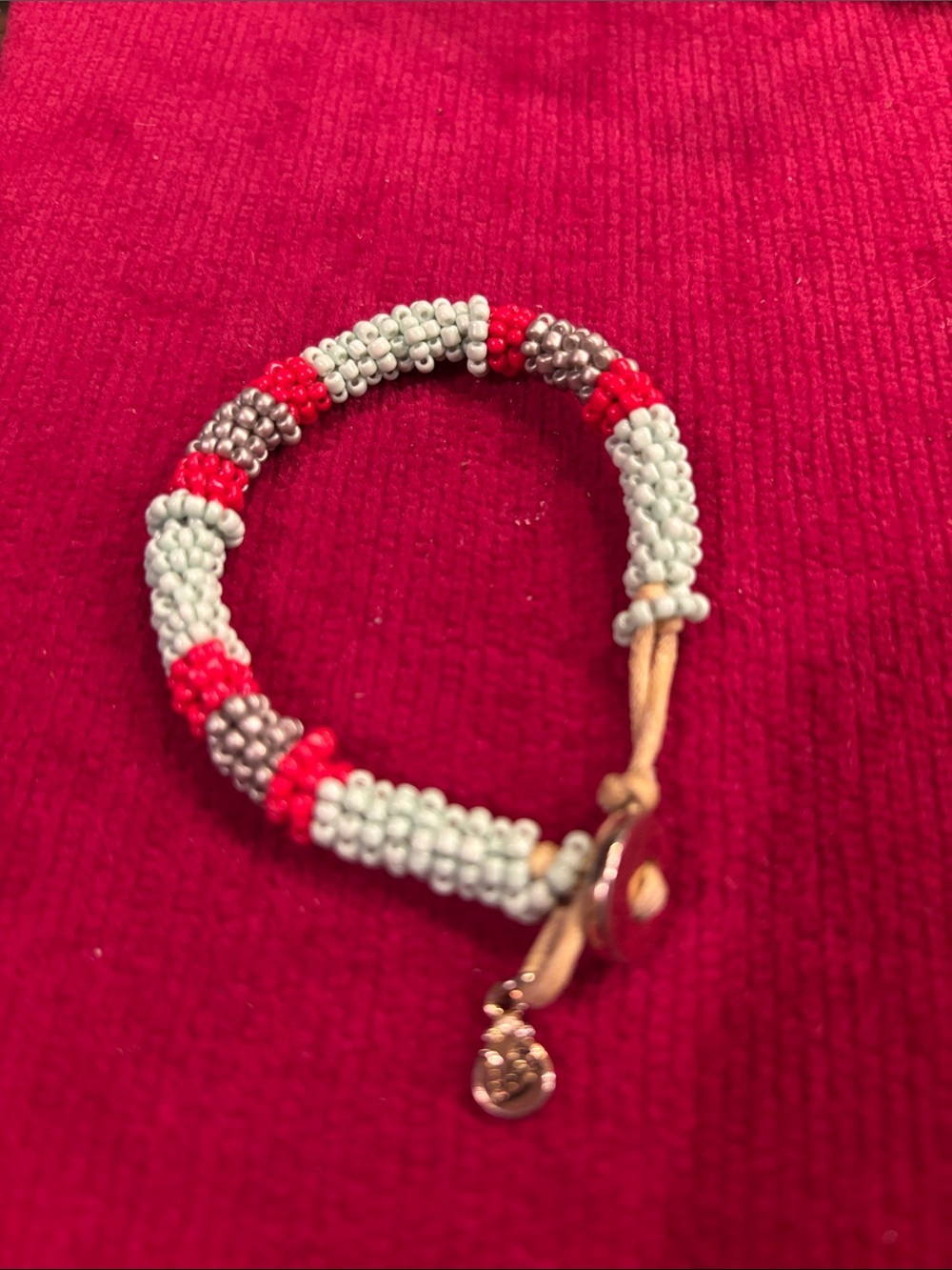 Seed Bead Bracelet in Light Blue, Red & Silver